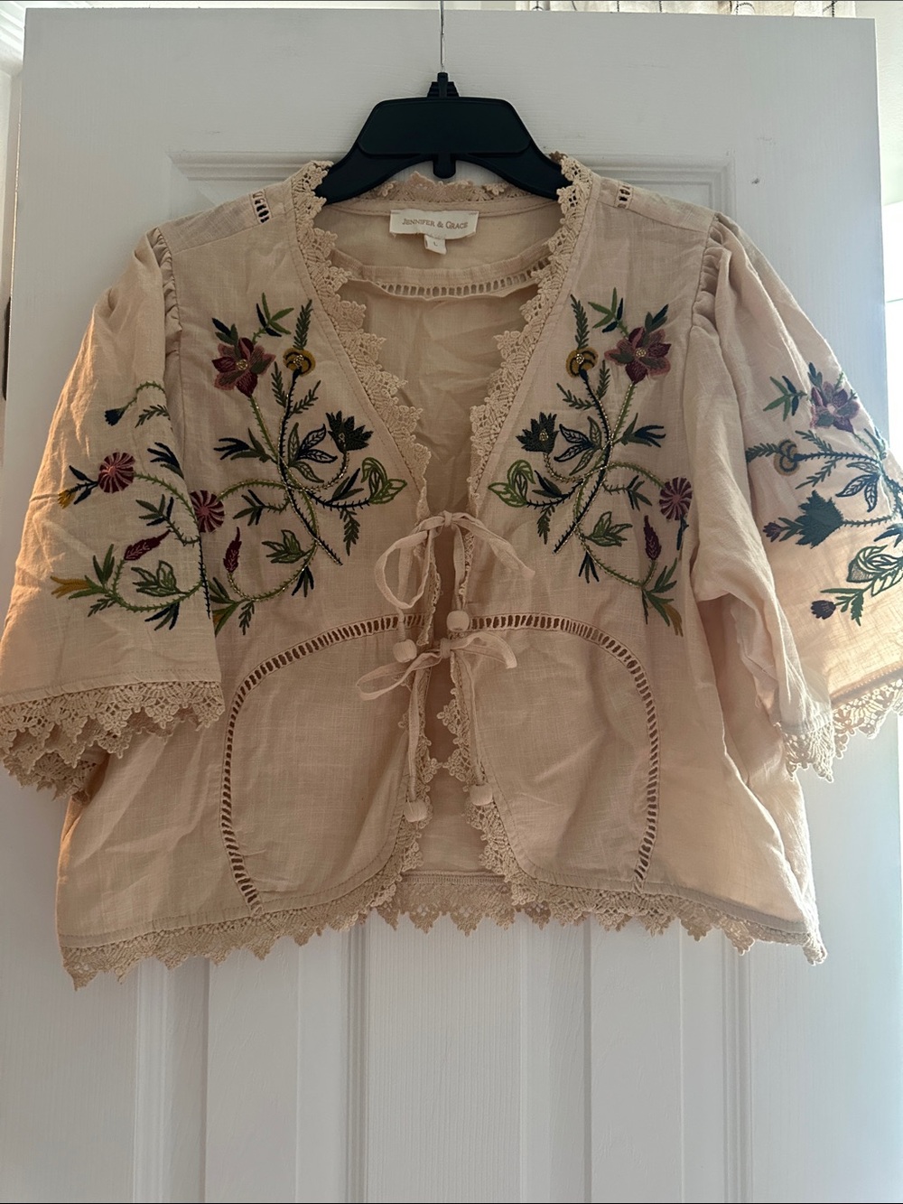 Embroidered Tie-Front Beige Peasant Blouse